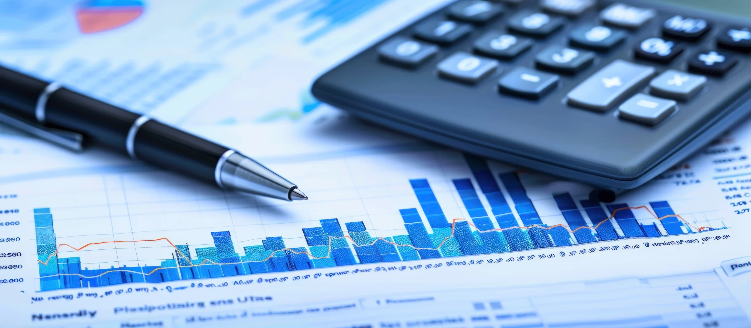 Close-up of a pen and calculator placed on financial charts with bar graphs and line graphs representing business statistics.