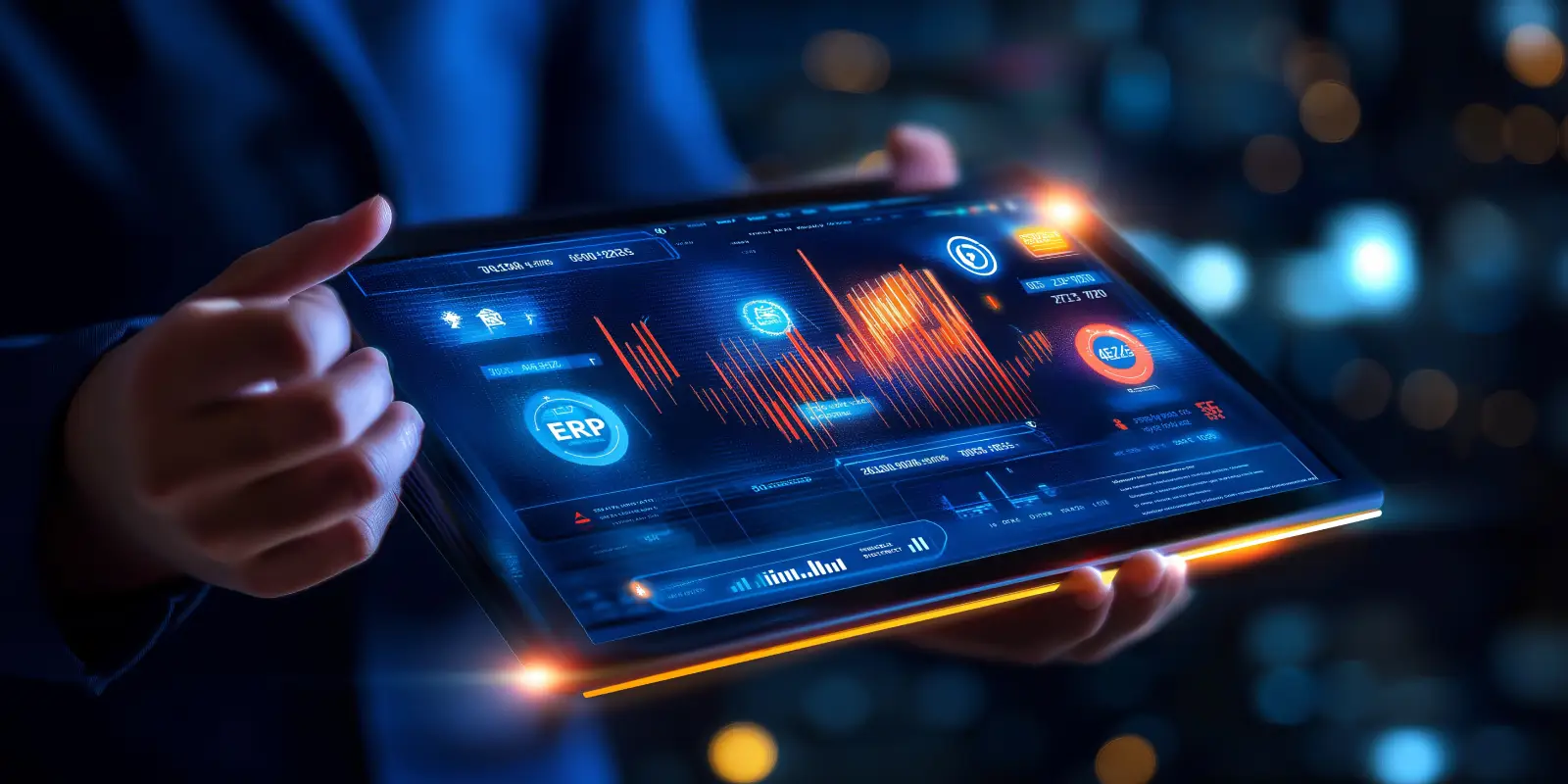 Person holding tablet displaying data analytics dashboard with charts, graphs, and ERP insights